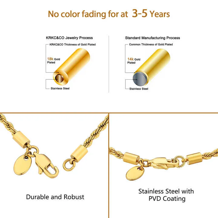 مطلي بالذهب عيار 18 قيراط مجوهرات رجالية بناتي  Women's PVD 18K Gold Plated Rope Jewelry Men Girls