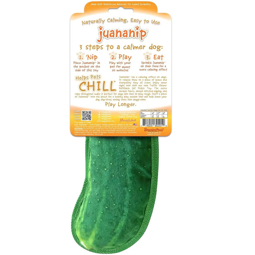 Doggijuana Tuffer Chewer Refillable Juananip Dill Pickle Tough Squeaky Dog Plush Toy, 1 count
