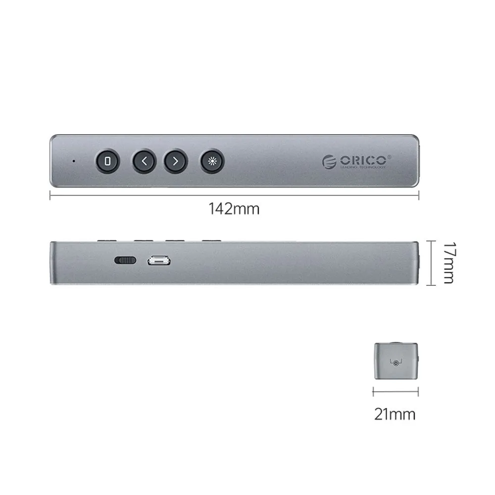 ORICO 2.4GHz Wireless 180mAh Rechargeable Presentation Remote Clicker Pointer with 50m Control Range, 3R Class Laser, Magnetic USB Receiver for Windows, macOS, Linux, Android, Conference Presentation | Gray, Silver