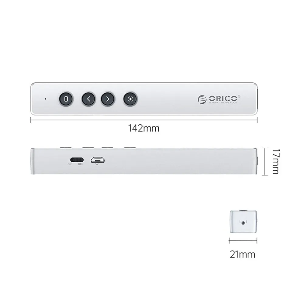 ORICO 2.4GHz Wireless 180mAh Rechargeable Presentation Remote Clicker Pointer with 50m Control Range, 3R Class Laser, Magnetic USB Receiver for Windows, macOS, Linux, Android, Conference Presentation | Gray, Silver