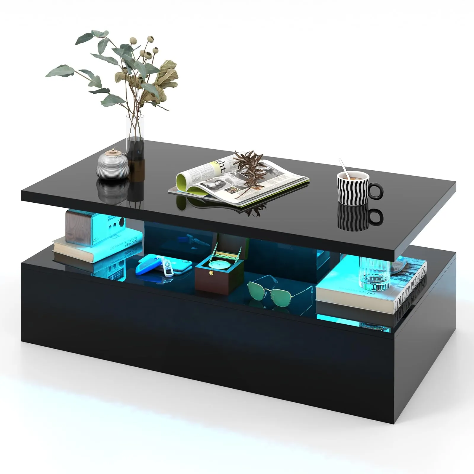 Tangkula LED Coffee Table, Modern High Gloss Coffee Table