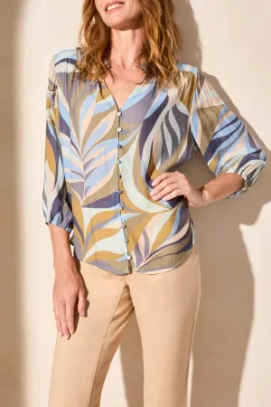 Tribal 3/4 Sleeve Button Front Printed Blouse With Ruffle Neck Detail - 21690