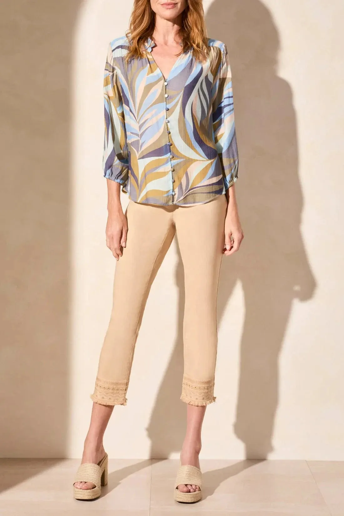 Tribal 3/4 Sleeve Button Front Printed Blouse With Ruffle Neck Detail - 21690